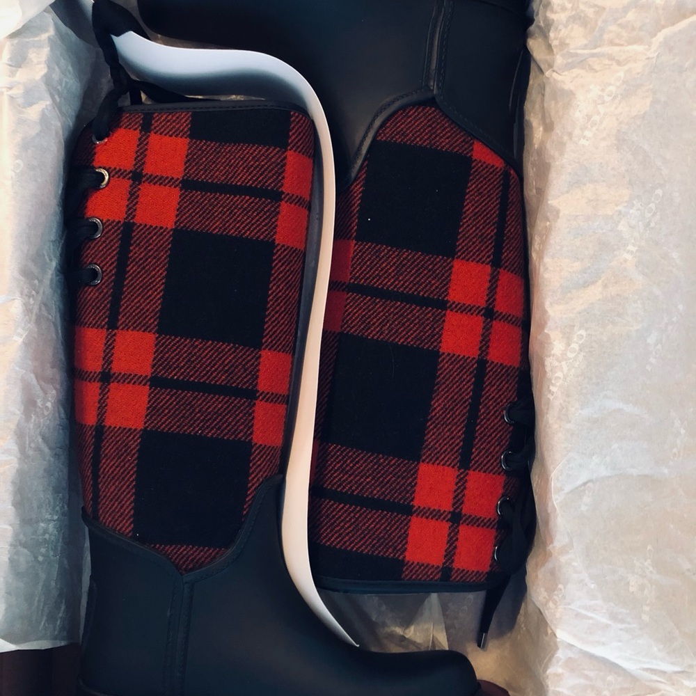 Red and Black Plaid Lace-Up Boots